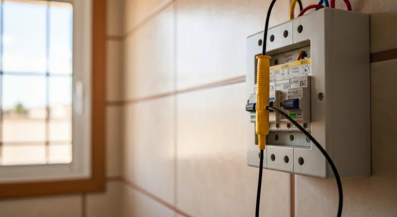 Detector de tensión amarillo apoyado en bornes del cuadro en Mataró